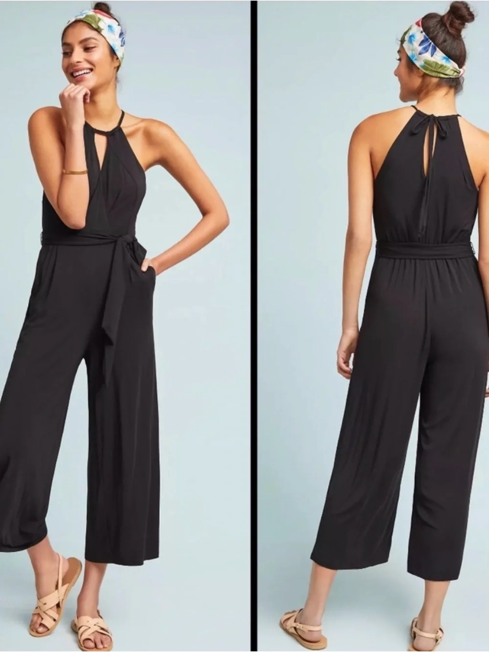Anthropologie Maeve Corinna Black Wide Leg‎ Jersey Jumpsuit Size Medium